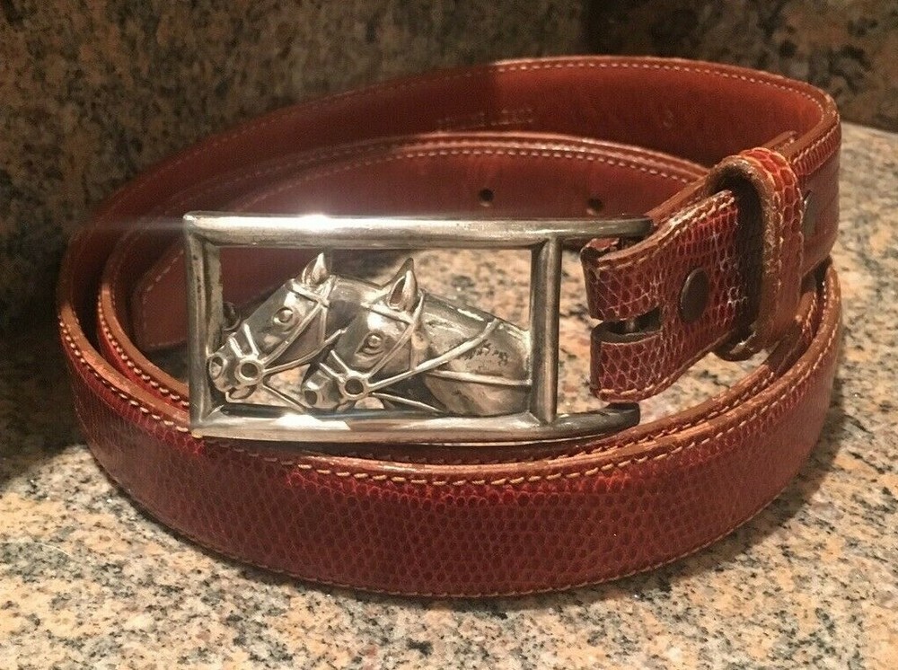 KIESELSTEIN EQUESTRIAN RACE HORSES BELT BUCKLE WITH BROWN LIZARD BELT SIZE 6