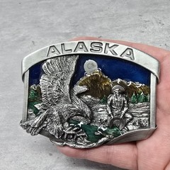 Vintage 1984 Alaska Eagle Gold Miner 3D Color Siskiyou Pewter Belt Buckle Enamel