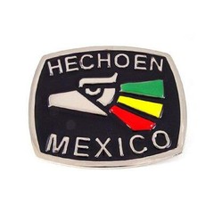 HECHO EN MEXICO Mexican Black & Silver Enamel Metal Men Belt Buckle