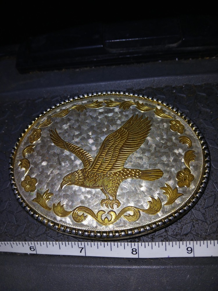 American Bald Eagle Western Belt Buckle Engraved Floral Oval Gold Silver
