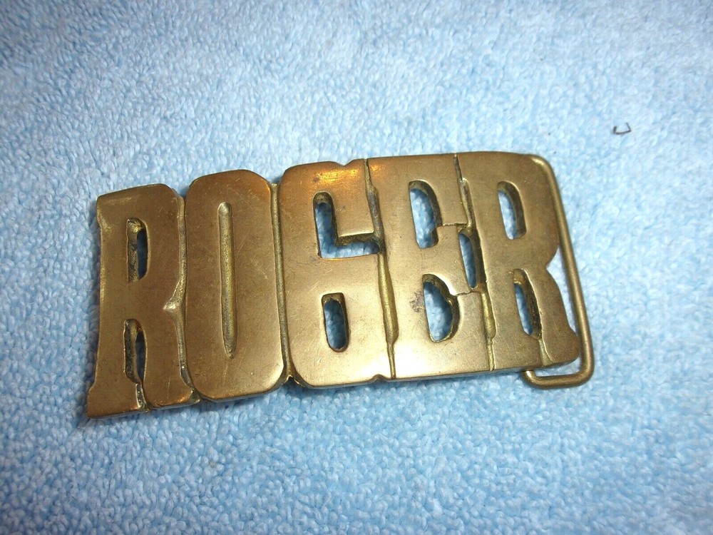 Vintage ROGER Belt Buckle Solid Brass Nick-Name plate cut out bold letters