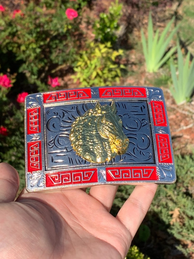 Western Red Buckle Gold Silver Horse Head Cowboy 2 »Buckle Hebilla Vaquero