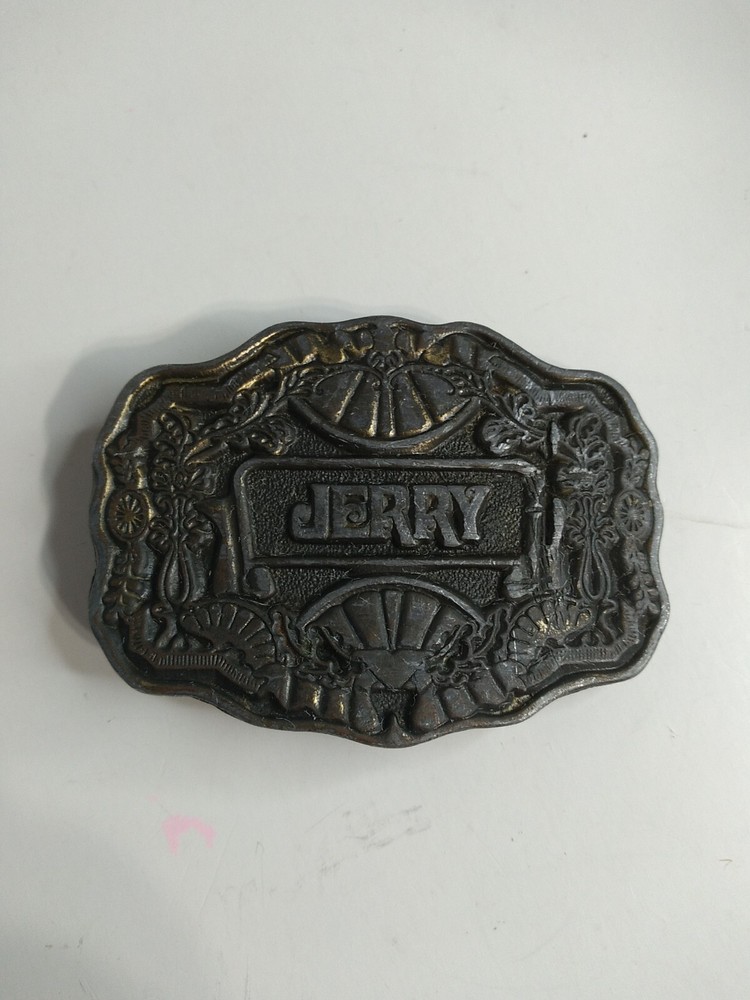 Vtg Oden NC Brass Belt Buckle 70s Name JERRY Personalized Ornate