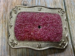Rectangular Red Pink Bead Covered Belt Buckle Center Hole For Craft Or Project
