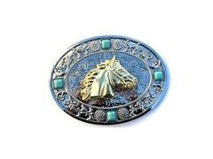 Western Horse Head Buckle Men Unisex Turquoise Silver Chrome Engraved Fit 2 »