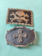 Silver Tone Black Enamel Leather Goth Gothic Belt Buckle Set Cross Skull