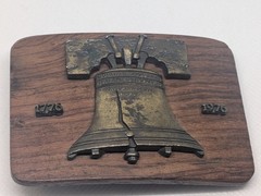 Vintage Unbranded 1776-1976 Wood Belt Buckle with Metal Liberty Bell & Dates