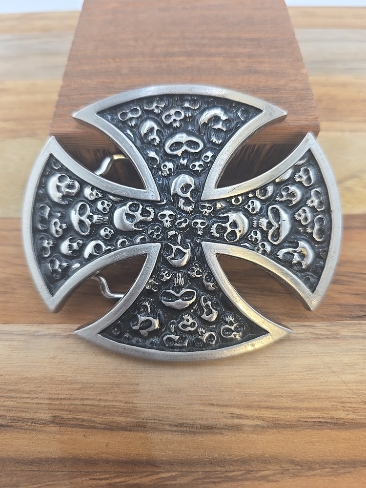 Vintage Anchor Blue Iron Cross Belt Buckle Silver Biker Goth Punk Skulls 3D Y2k