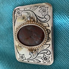 Vtg Belt Buckle Silver & Gold Tone Metal Polished Agate Stone Western Rodeo