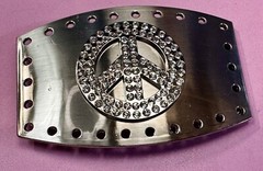 Jeweled Peace Sign Studded Rhinestone Silver Tone Belt Buckle W/ Hole Border