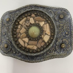 Western Belt Buckle Mens Gray Floral Metal Beaded Stone Mosaic Cowboy Rustic