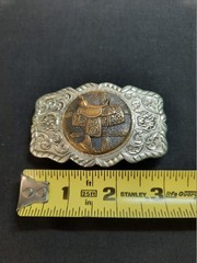 VINTAGE NICKEL SILVER WESTERN SADDLE THEME BELT BUCKLE Intricate Filigree Design
