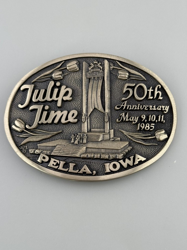 Tulip Time 1985 Iowa 50th Anniversary Solid Brass Belt Buckle Limited Edition