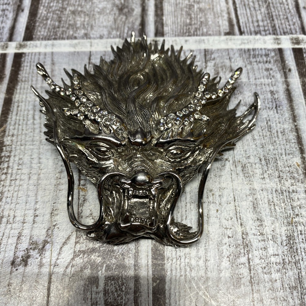 Silver Plated Asian Chinese Dragon Head Metal Belt Buckle Bejeweled