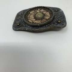 Western Belt Buckle Mens Gray Floral Metal Beaded Stone Mosaic Cowboy Rustic
