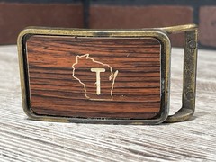 Vintage Wisconsin Belt Buckle ~ 1970’s Hand Made Wood Inlay WI State Outline “T”