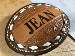 Vtg Tooled Leather Western Belt Buckle name JEAN custom Big 4” cowboy