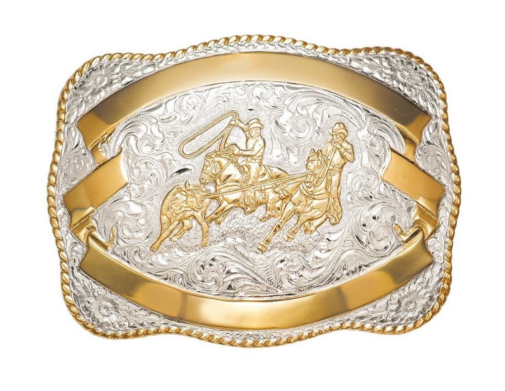 Crumrine Western Belt Buckle Team Roper Rodeo Silver Bronze C04198