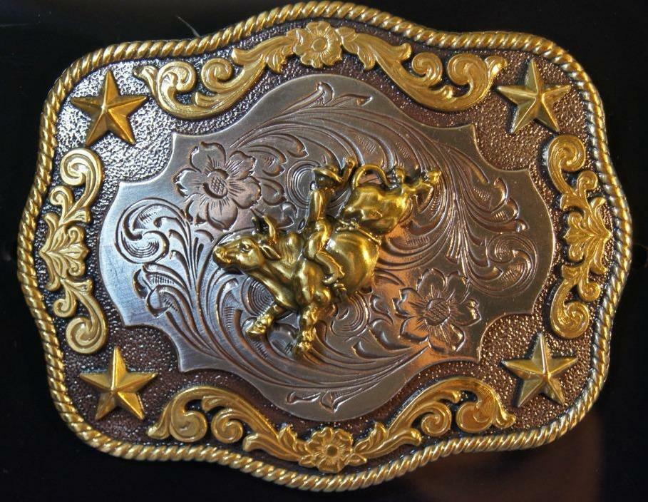 Nocona Belt Buckle BULL RIDER Gold & Silver Tone M & F Western cowboy 3798702