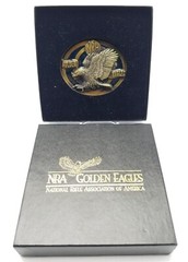 NRA Golden Eagles Brass Black Enamel Belt Buckle in Original Box