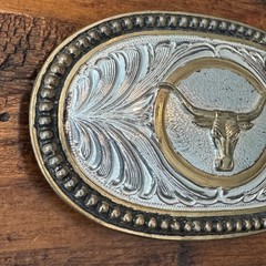 Western Longhorn Bull Belt Buckle Silver Gold Tone Floral Scroll Oval Cowboy