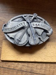 Vintage NASHVILLE MUSIC CITY USA metal Belt Buckle Pewter Banjo Fiddle Country