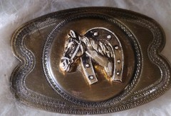 Vtg Horse Head Belt Buckle With Horseshoe Collar Brass Tone Japan
