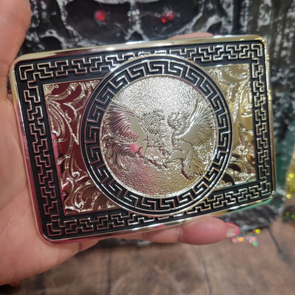 Fighting Roosters Belt Buckle Western Rodeo Silvertone Rectangle Buckle