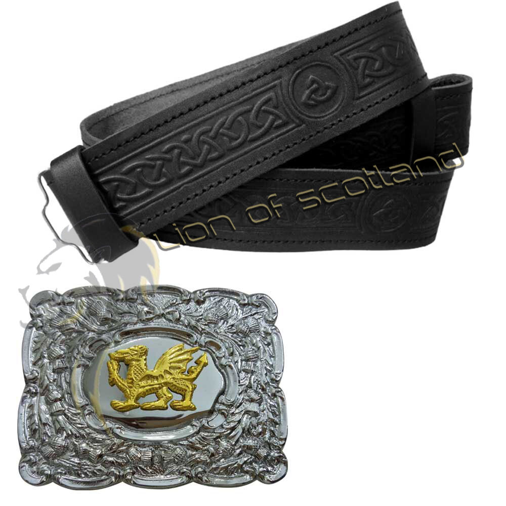 Scottish Kilt Belt Buckle Welsh Dragon Chrome Real Leather Celtic Knot Embossed