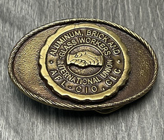 Vintage Aluminum Brick Glass Workers Union Belt Buckle Gold Tone USA AFL CIO
