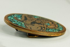 Bighorn Ram brass western belt buckle turquoise inlay vintage Harmony Metal