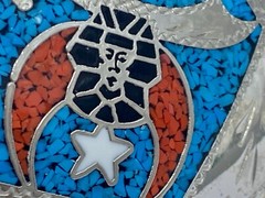 Egyptian Revival Turquoise Coral Inlay Silver Tone Oval Belt Buckle Signed