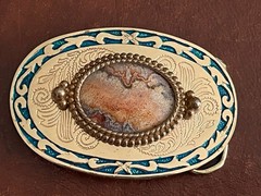 Vintage Southwestern Agate Stone Bolo Tie & Belt Buckle Set Gold Tone ZB-003