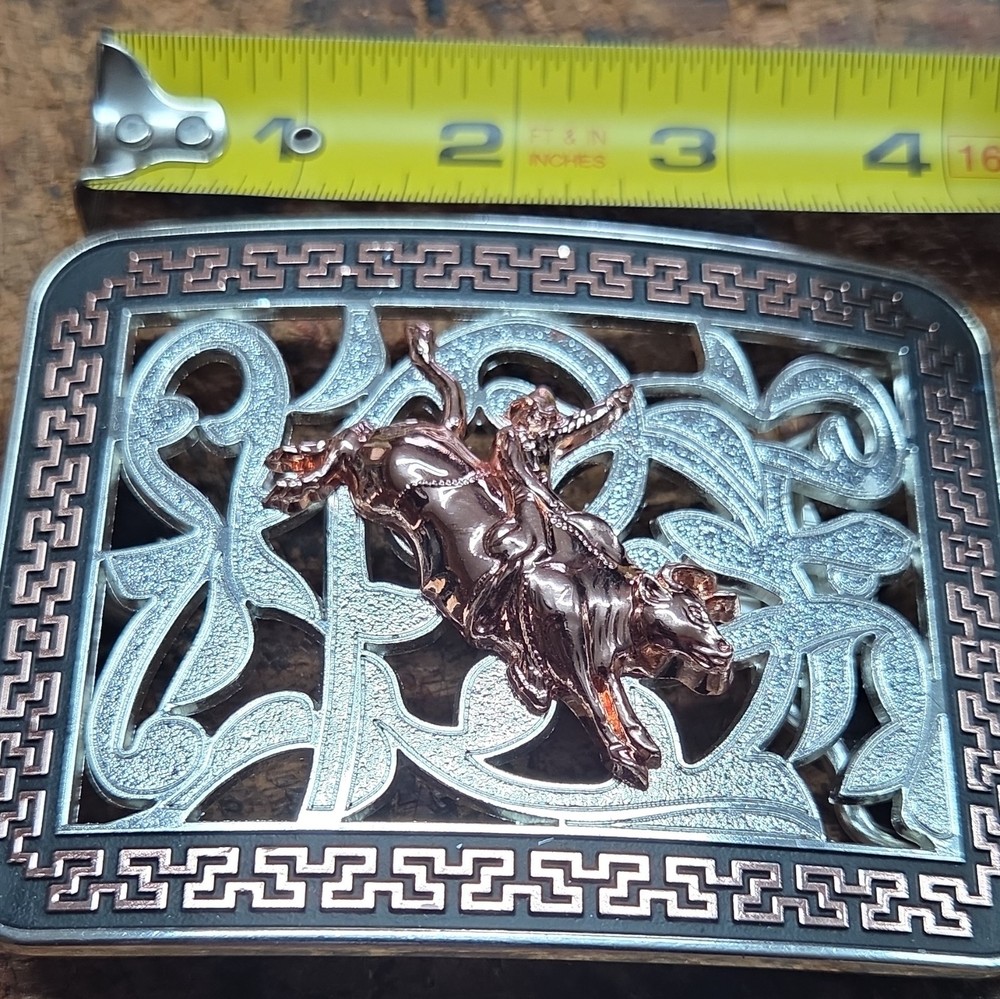 Western Metal Belt Buckle Bull Rider Scroll Engraved Silver Copper Tone 1.5in