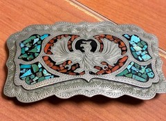 Vintage BAR-J Denver Turquoise Coral Inlay German Silver Western Belt Buckle USA