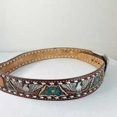 VTG Western Tooled Leather Belt Eagle Floral Inlay Personalized Jerry Size 36