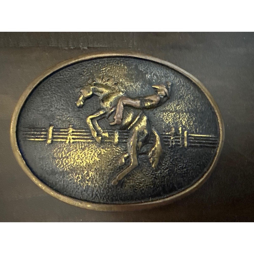 Vintage 1978 BTS Brass Belt Buckle Rodeo Cowboy Bucking Bronco Made in USA 3&Prime;
