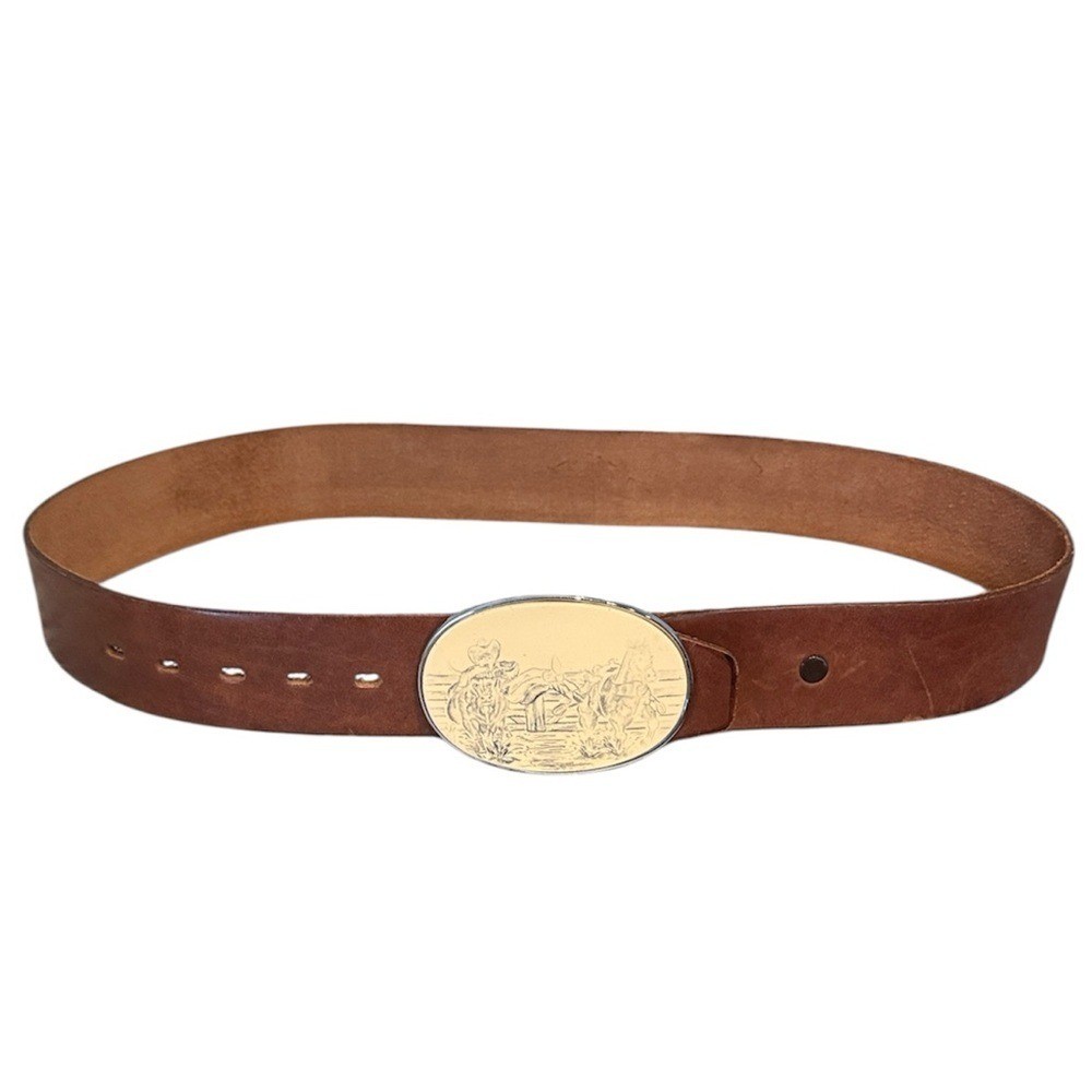 Tan Leather Belt Mens Western Cowboy Scene Oval Buckle Size 32
