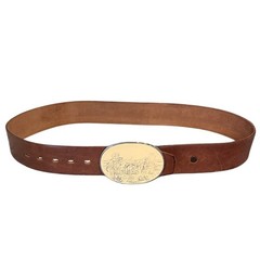 Tan Leather Belt Mens Western Cowboy Scene Oval Buckle Size 32