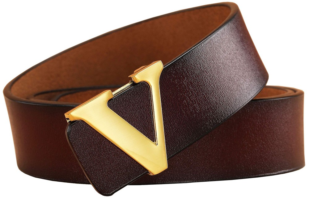 Yuangu Men&rsquo;s Classic Gold/Silver V-Buckle 47.3 inches (40-44), Coffee Gold