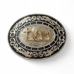 Western Oval Belt Buckle in Gold and Silver on Black