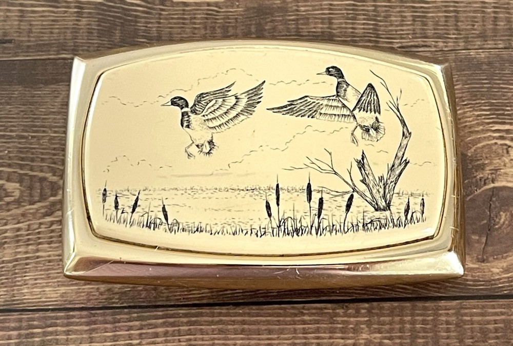 Vintage Mallard Duck Scrimshaw Belt Buckle
