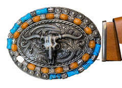 Western Longhorn Skull Belt Buckle Turquoise Coral Style Silver Tone Cowboy 4&Prime;