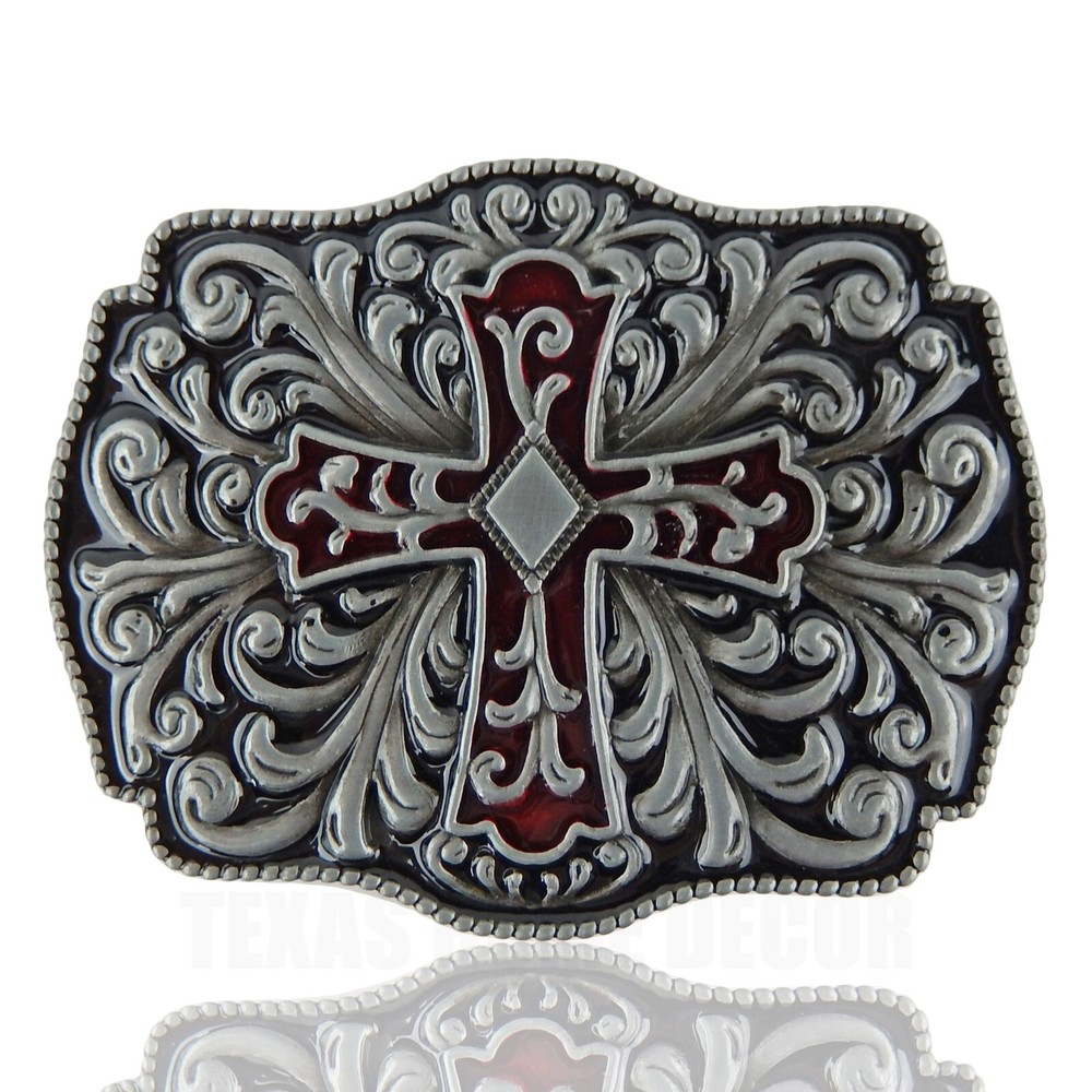 Floral Cross Belt Buckle Antique Silver Tone Fits 1.5&Prime; Belts Red Black Enamel