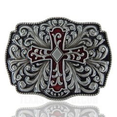 Floral Cross Belt Buckle Antique Silver Tone Fits 1.5&Prime; Belts Red Black Enamel