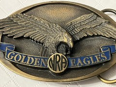 Vintage NRA Belt Buckle Golden Eagles Solid BRASS Blue Made in USA NRA Am Eagle