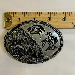 Vintage SSI Metal Handcrafted Belt Buckle Horses And Indian Nature Wildlife USA