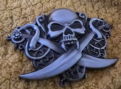 Pewter Vampire Pirate Skull Belt Buckle with Crossed Swords