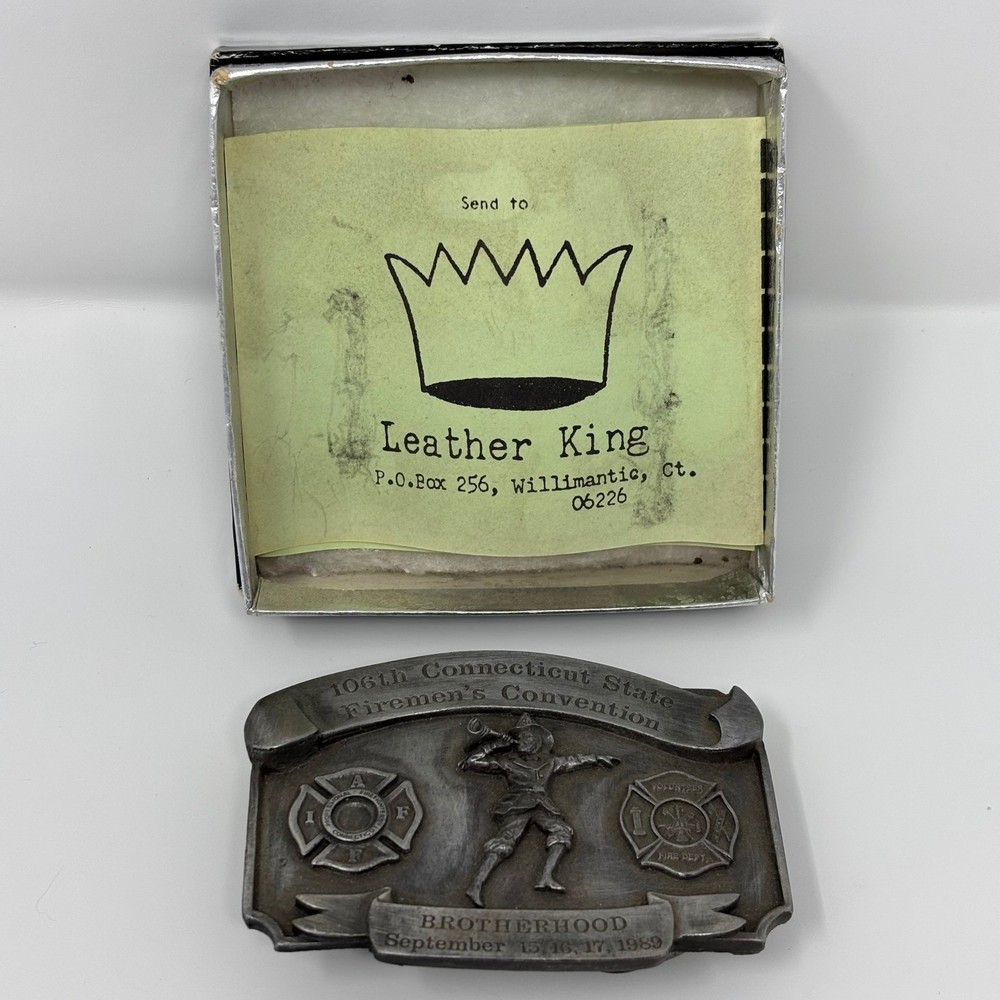 Leather King 106th Connecticut State Fireman&rsquo;s Convention Belt Buckle 1989 #453
