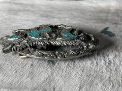 Vintage EJC Belt Buckle 4.25 x 2.75 in Wolf Southwestern Turq 1996 Oval 1.75